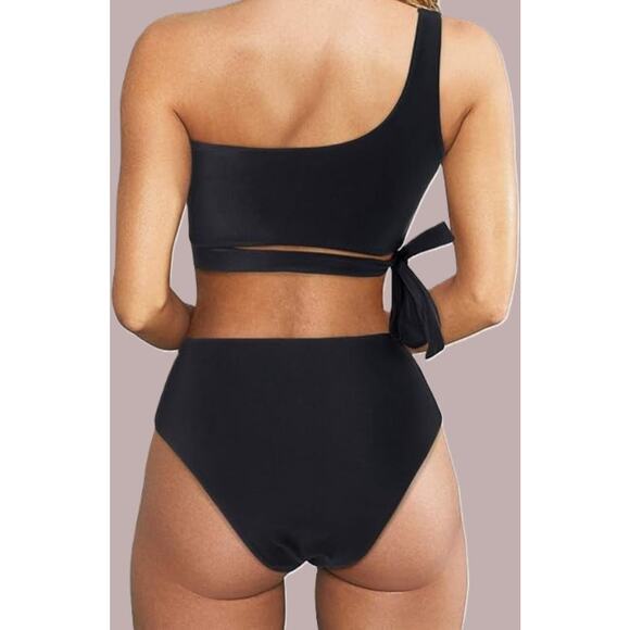NWT MOOSLOVER Black 1 Shoulder High Waisted 2 Piece Bikini Tie High Cut *Medium - Picture 2 of 10